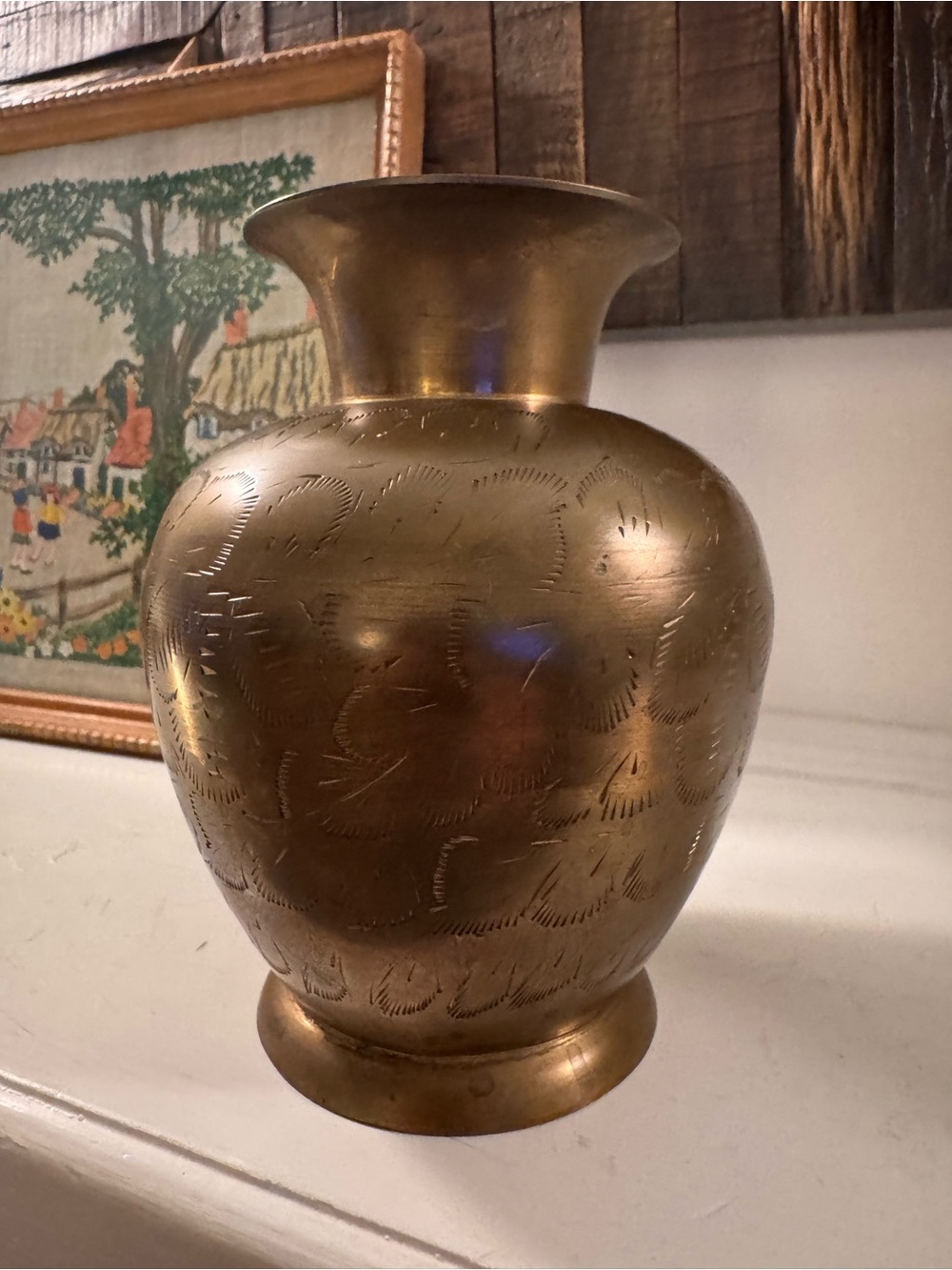 Vintage India Brass Vase Hand Engraved Floral Etched 6” MCM